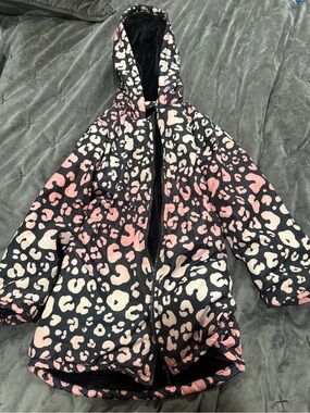 Penelope Mack Black Hooded Puffer Jacket with Pink & Cream Leopard Print